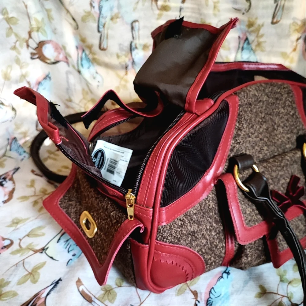 Pet Dog Cat Carrier Airplane Travel Road Trip Crate Soft Sided Wooly Brown Red